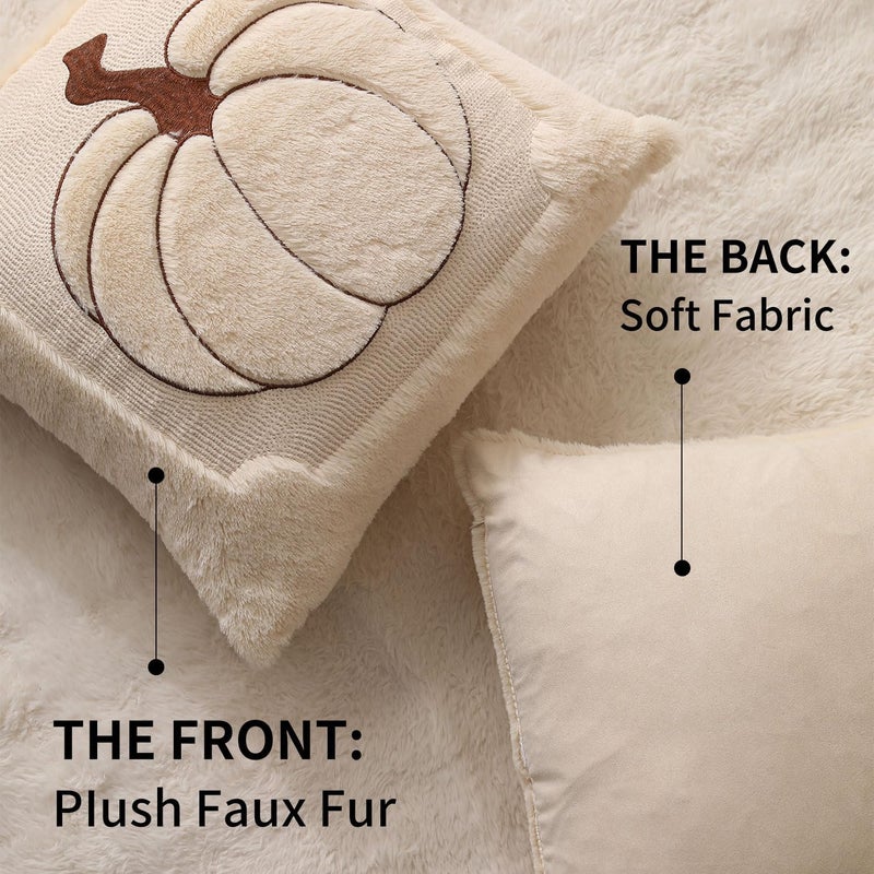 Allorry Fall Pillow Covers 16x16 Set of 2 Fall Beige Pumpkin Embroidery Throw Pillow Covers Soft Plush Faux Fur Cushion Covers for Sofa Bedroom Living Room Autumn Thanksgiving Home Decor PT-010A16 - Image 2